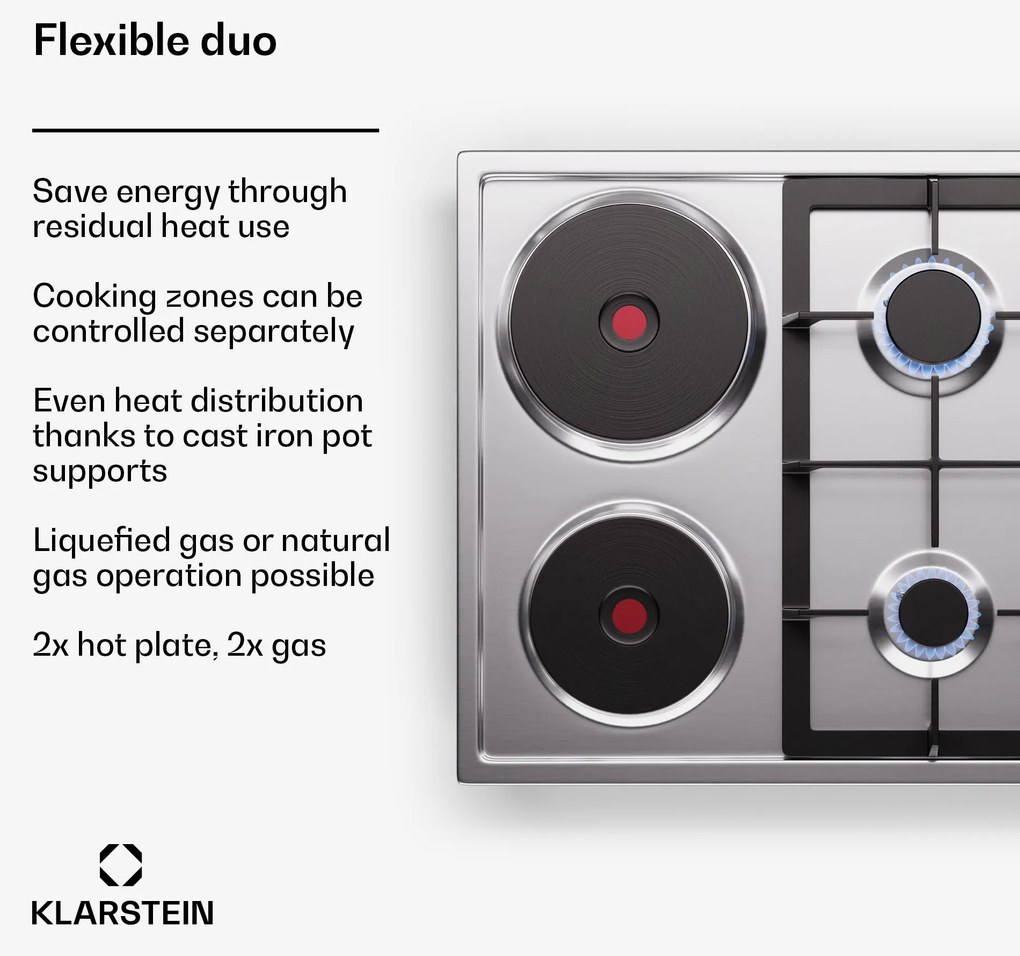 Klarstein MultiChef 4 Hot Plate, villany és gáz főzőlap, 4 főzőzóna, 2 égő, 2 villany főzőlap