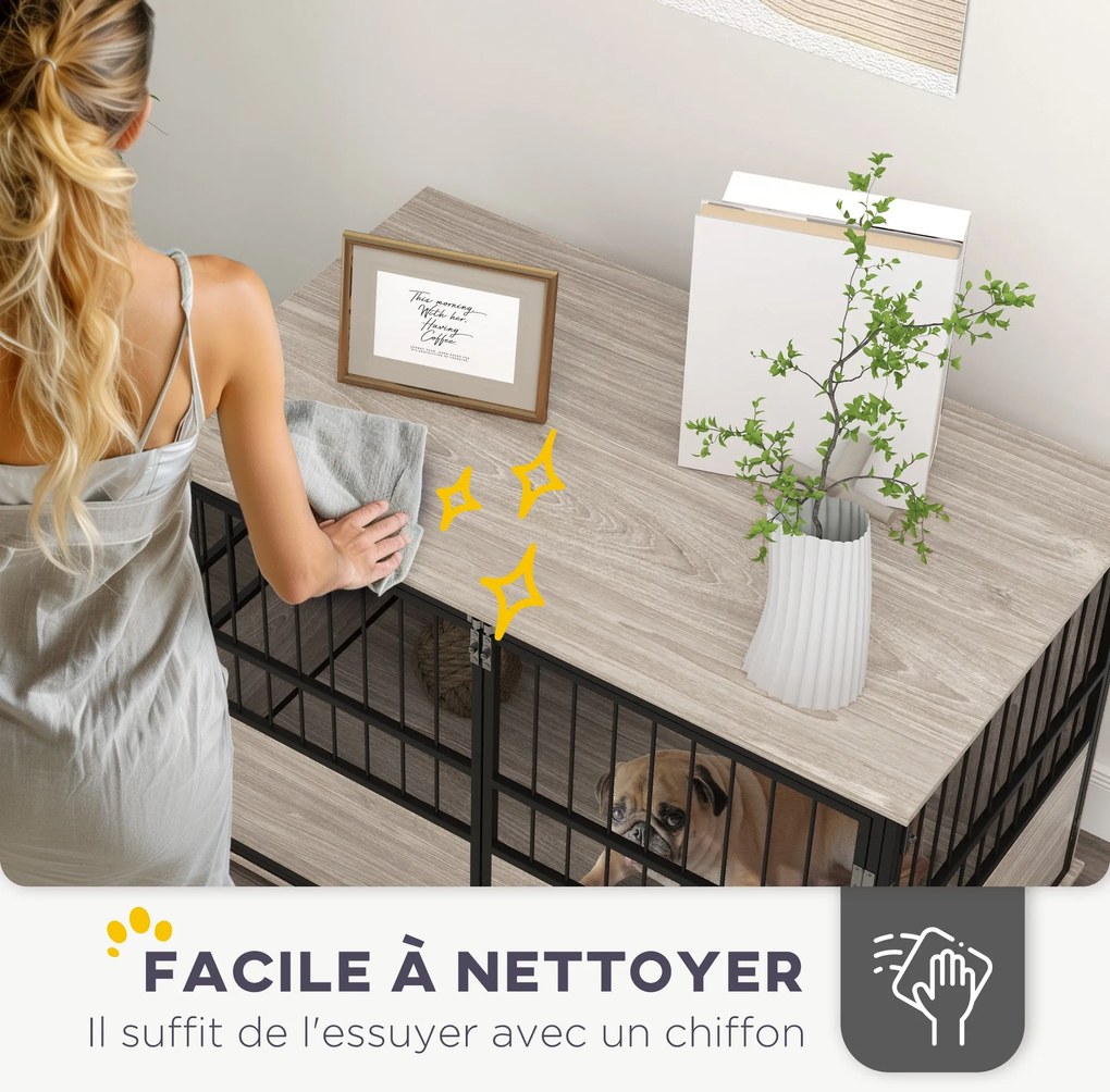 PawHut Belső Kutya Ketrec, Asztalka, 100 x 60 x 68 cm, 30 kg-ig szánt kutyák számára, 3 zárható ajtó, könnyű összeszerelés, fekete fa hatás | Aosom