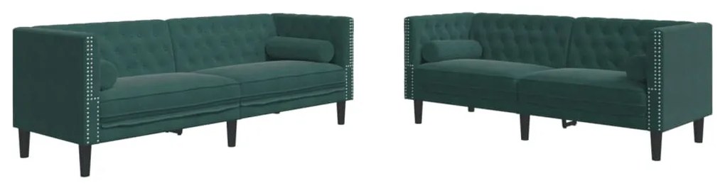 2 részes sötétzöld bársony Chesterfield kanapészett párnákkal