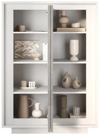 SKY 2.0 magas komód, 2 ajtóval, fehér matt lakkozott vázzal és betonhatású laminált előlapokkal