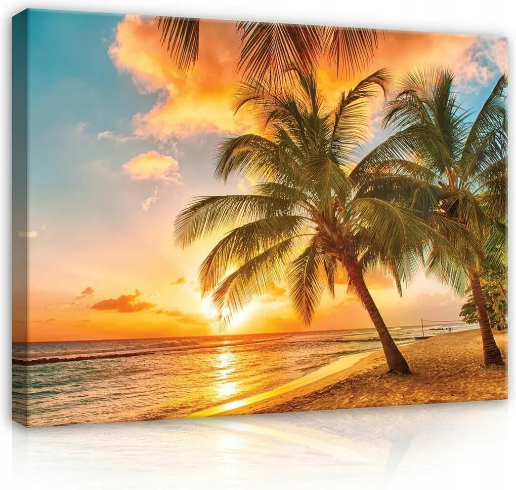 Vászonkép 80x60 Trópusi naplemente tengerpart pálmafák óceán tenger nyugalom pihenés