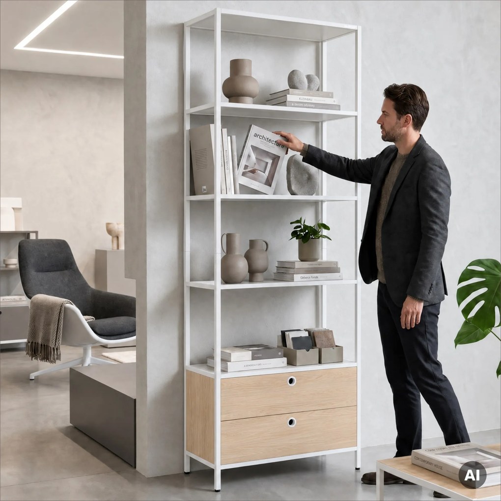 Polc fiókokkal irodába, iratrendezőkhöz és dokumentumokhoz, nyitott polcok, fém, fehér/sonoma tölgy, 800x2200x400 mm: ARIEL Eco Design