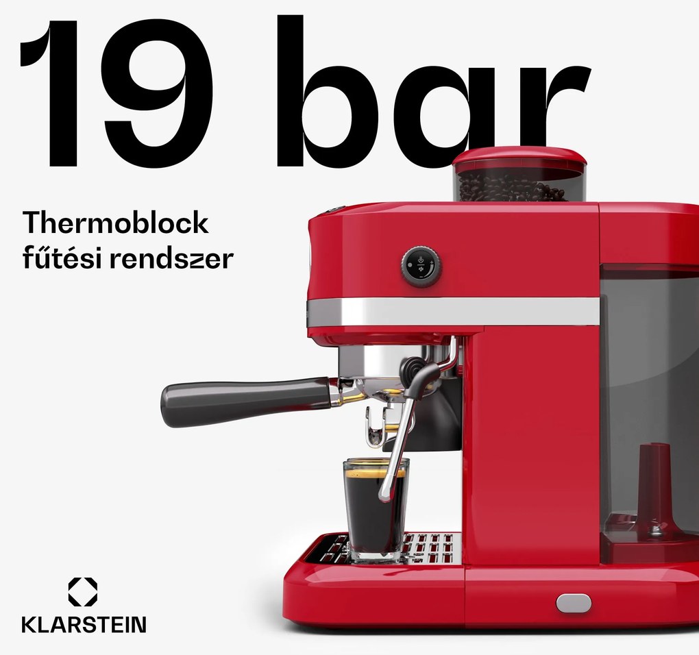 Klarstein Bella Café Karos kávéfőző, Vintage, daráló, 20 bar, Tejhabosító, Nyomásmérő, 1550 W