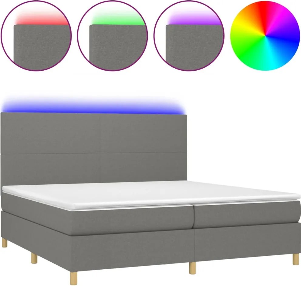 vidaXL sötétszürke szövet rugós és LED-es ágy matraccal 200x200 cm