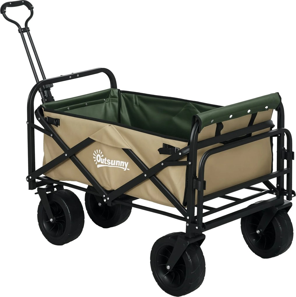 Outsunny Összecsukható Kocsi, Szállító Kocsi Fogantyúval, Strand Kocsi, Kert Kocsi Hordtáskával, max. 100 kg Teherbírás, Oxford, Khaki | Aosom