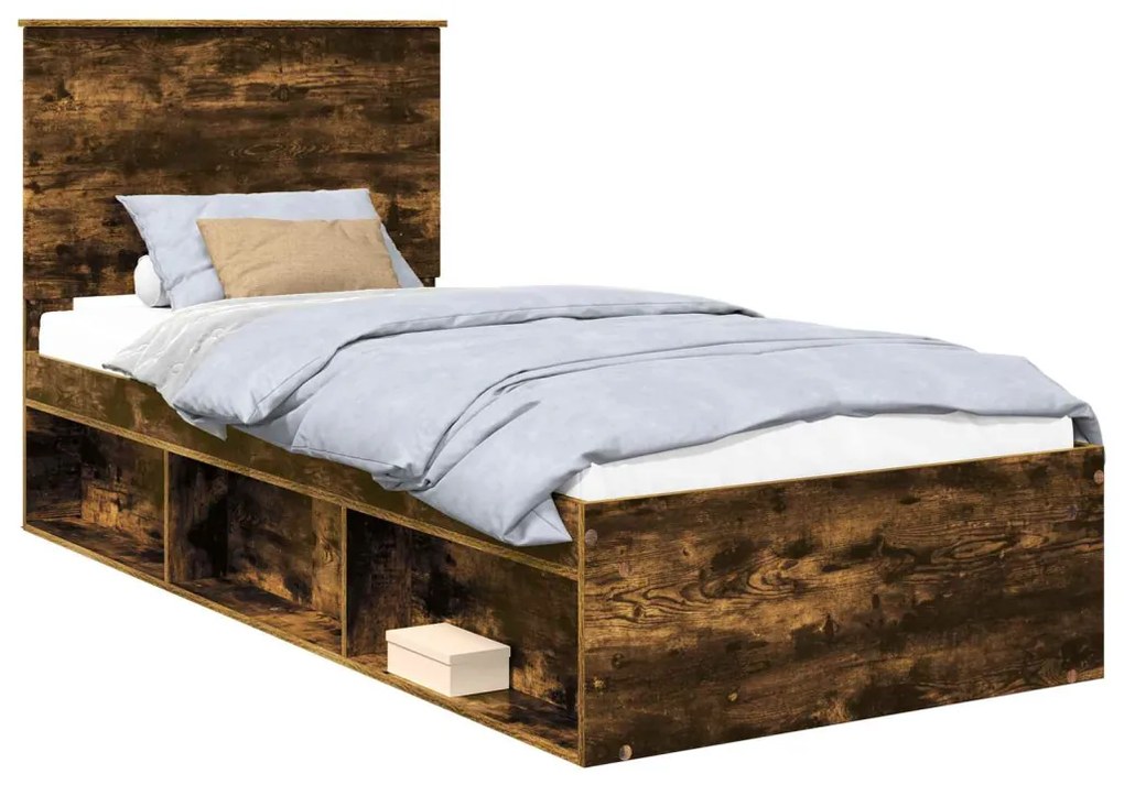 vidaXL Ágykeret fejtámlával Füstölt tölgy 75 x 190 cm Tömör fenyőfa