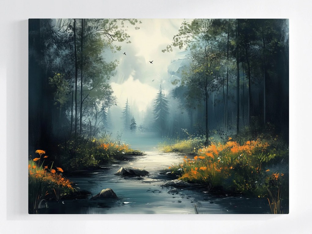 Vászonkép Canvas Természet Tájkép Erdő Folyó Patak Virágok Köd 100x75
