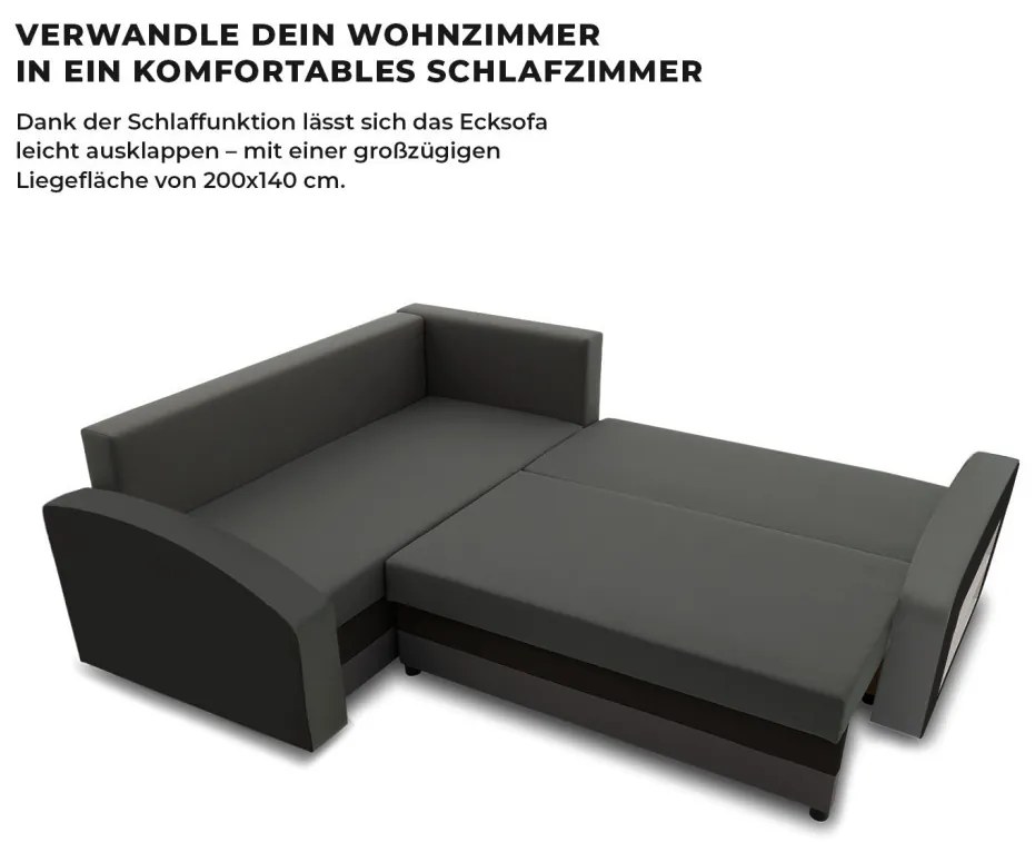 Grande sarokkanapé polcokkal , polc a jobb karfaban, baloldali, szövet anyag, bonell töltet, szürke - fekete