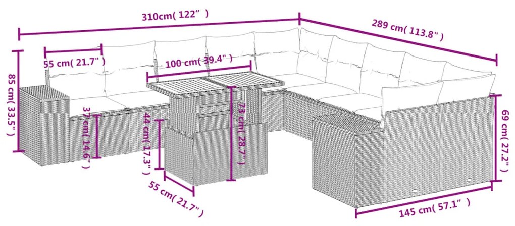 11 részes fekete polyrattan kerti ülőgarnitúra párnákkal