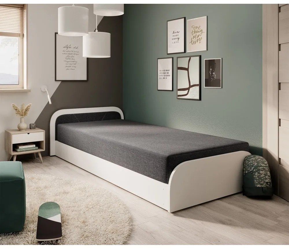 Fehér-sötétszürke kárpitozott-forgácslemez ágyneműtartós egyszemélyes ágy matraccal 80x190 cm Parys – ELTAP