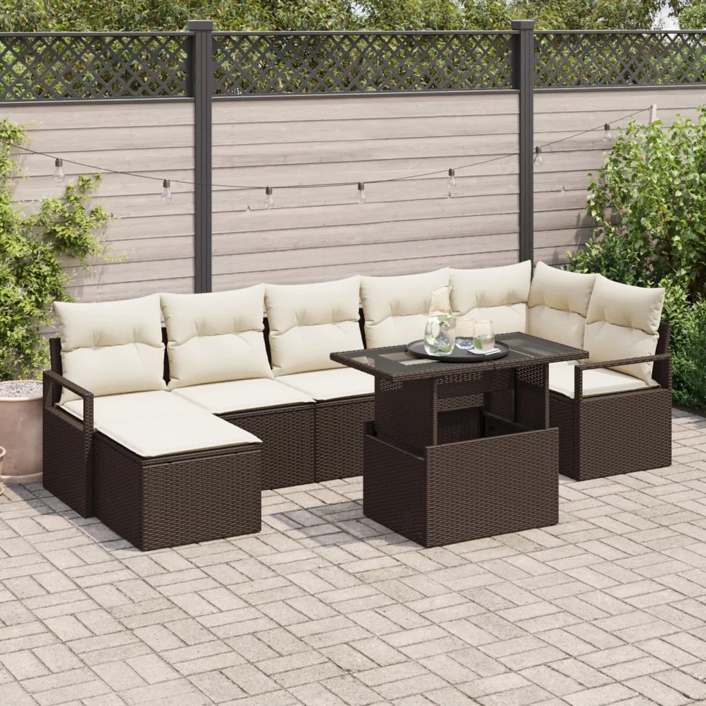 8 Darabos Kertibútor Szett Párnákkal Barna Poly Rattan, 2-Személyes Kertisofa Tárolóval és Párnákkal Barna Poly Rattan