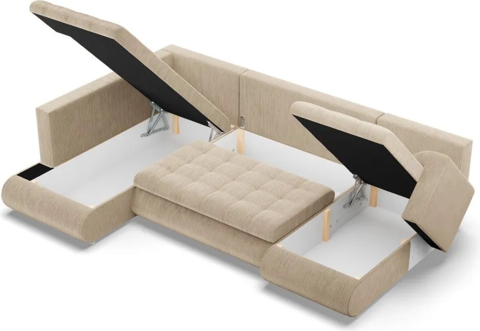 Tokio U sarokkanapé, 3 ágyneműtartóval, kordbársony, baloldali, bézs