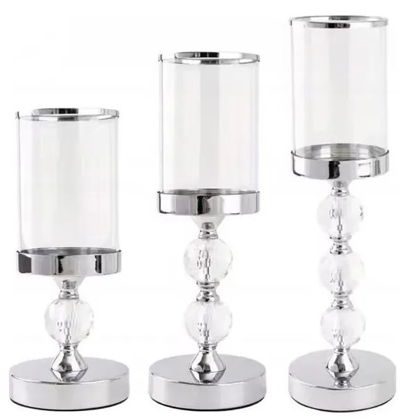 3 db-os, fényes króm gyertyatartó szett