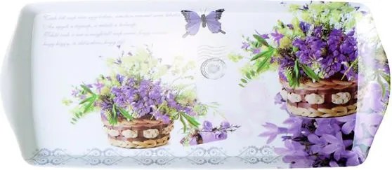 Tálca, műanyag, szögletes, levendula mintás, 33x15cm (KHKE140)