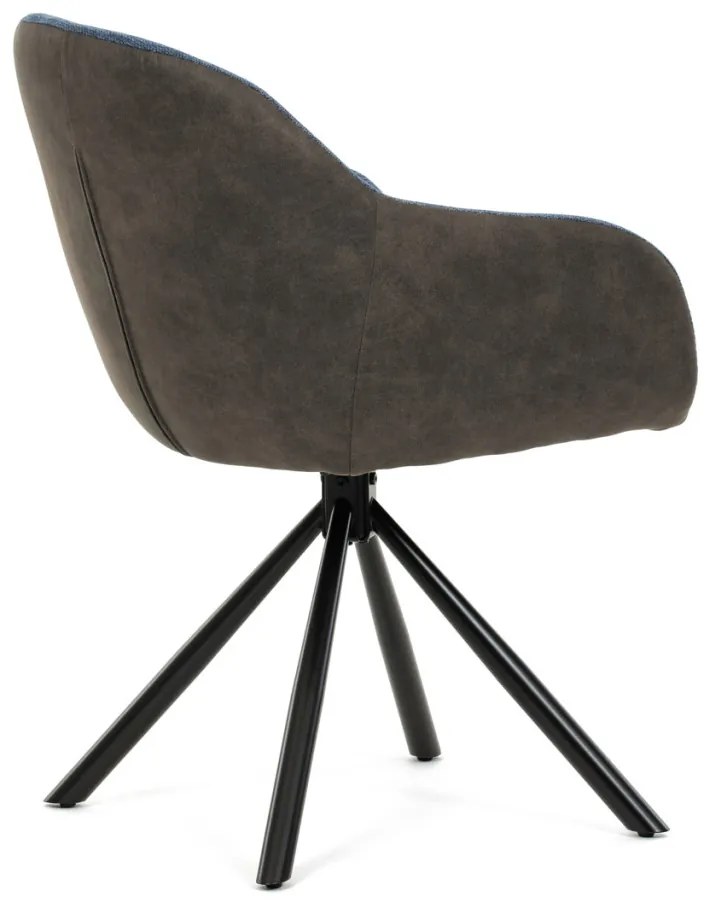 Scaun de sufragerie pivotant, țesătură albastră și țesătură gri închis, cu decor vintage din piele, metal negru, rotativ P90°+ L90° cu mecanism de retragere
