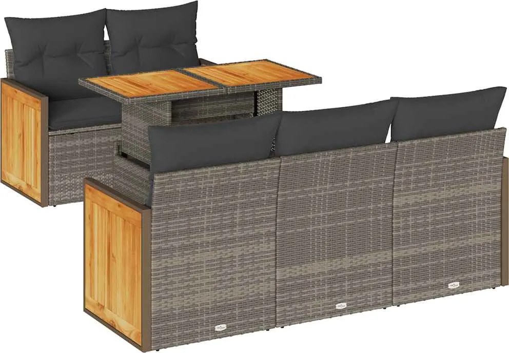vidaXL 6 részes szürke polyrattan akácfa kerti ülőgarnitúra párnákkal