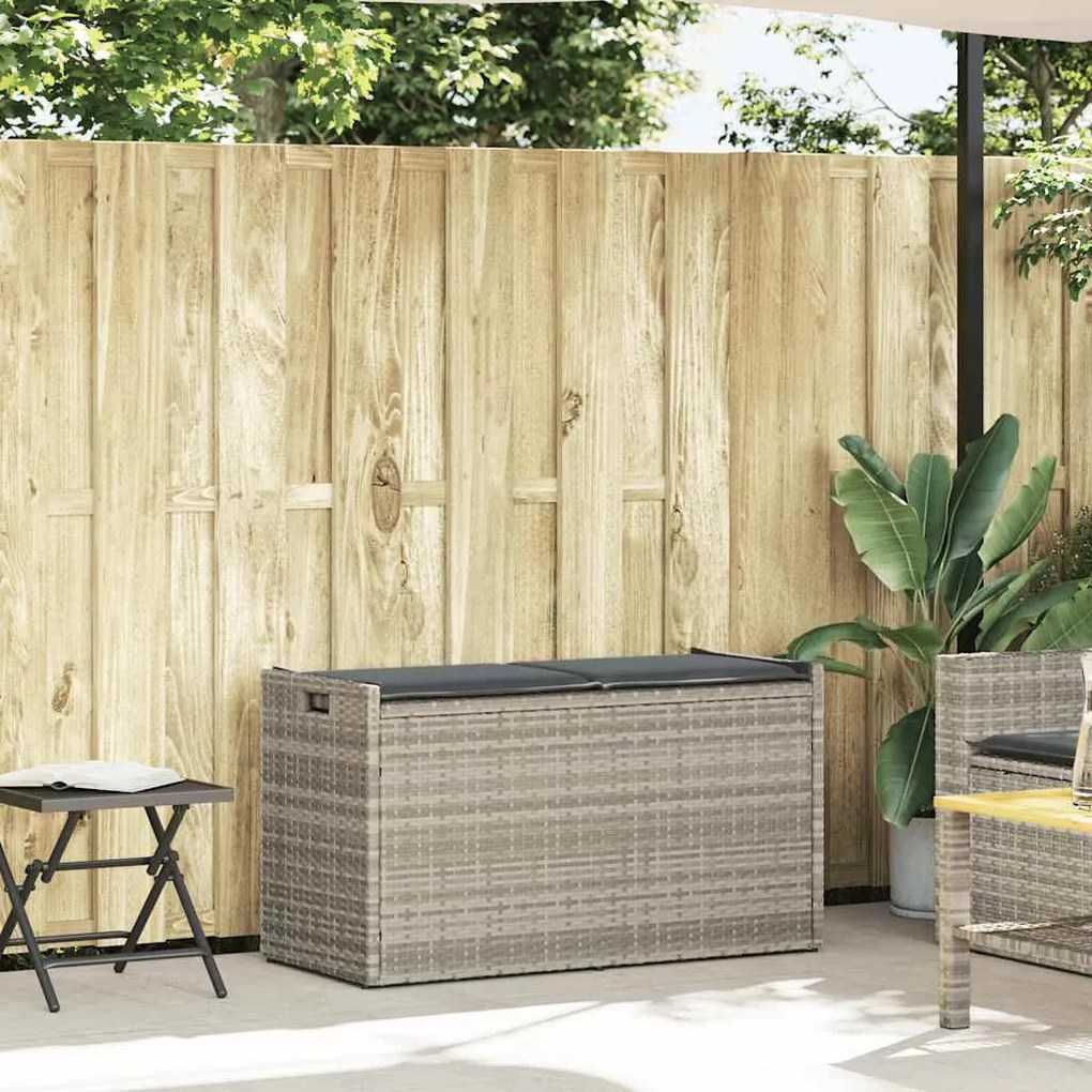 Világosszürke polyrattan kültéri tárolópad párnával 100 cm