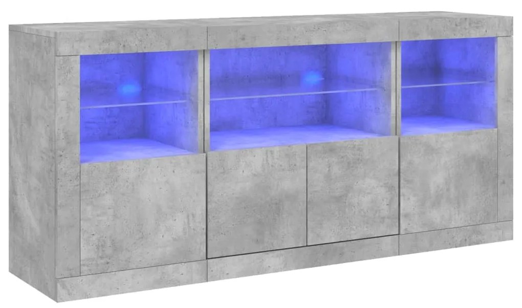 betonszürke tálalószekrény LED-világítással 142,5 x 37 x 67 cm