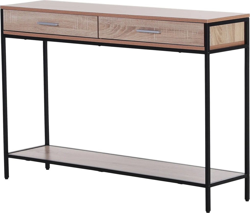HOMCOM Ipari Stílusú Előtér Konszol Asztal Fiókokkal és Acél Szerkezettel 120x30x81.5 cm Tölgyfa | Aosom