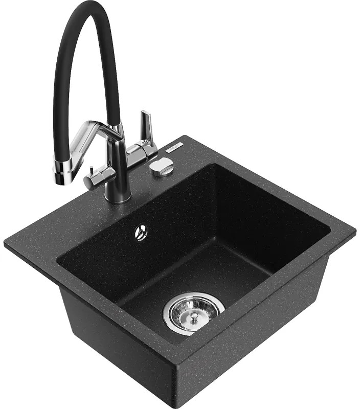 Mexen Milo 1 kamrás gránit mosogató Duo konyhai csapteleppel, fekete/ezüst metál - 6505-73-671701-07