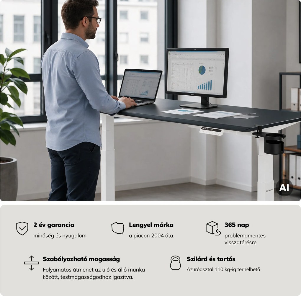 Elektromos, állítható magasságú, ergonomikus, fehér-antracit íróasztal,1600x800 mm: ARIA
