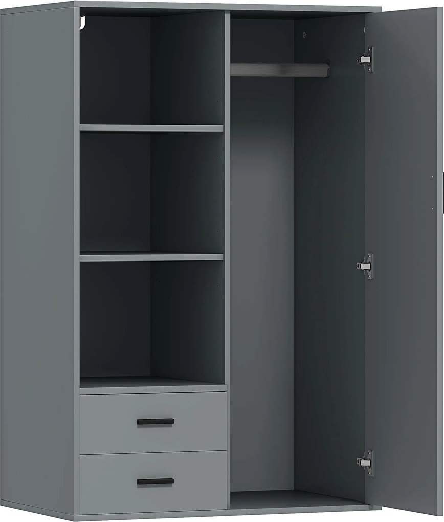 HOMCOM Modern Ruhásszekrény 2 Fiókkal, Állítható Nyitott Polcokkal, Akasztósrúddal, Ruhásszekrény Hálószobába és Előszobába, 80x50x124 cm, Sötétszürke