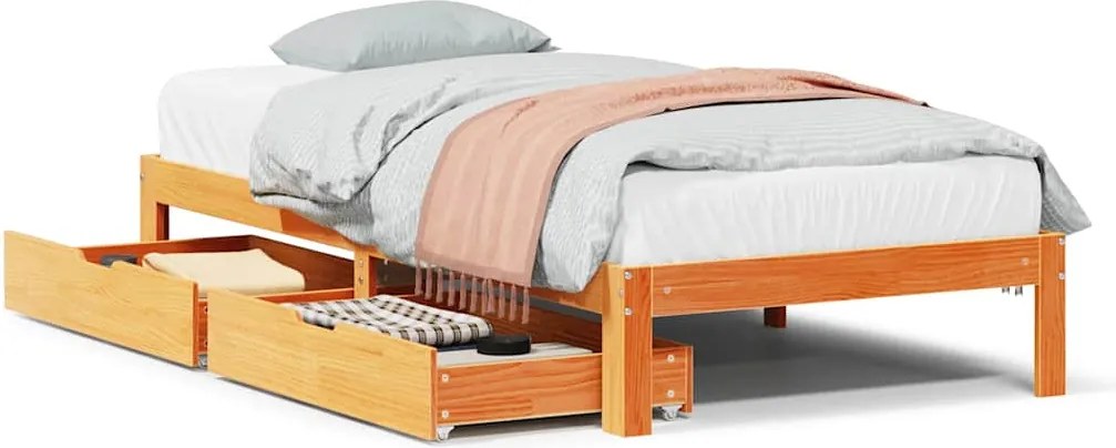 vidaXL viaszbarna tömör fenyőfa ágykeret fiókokkal 75 x 190 cm