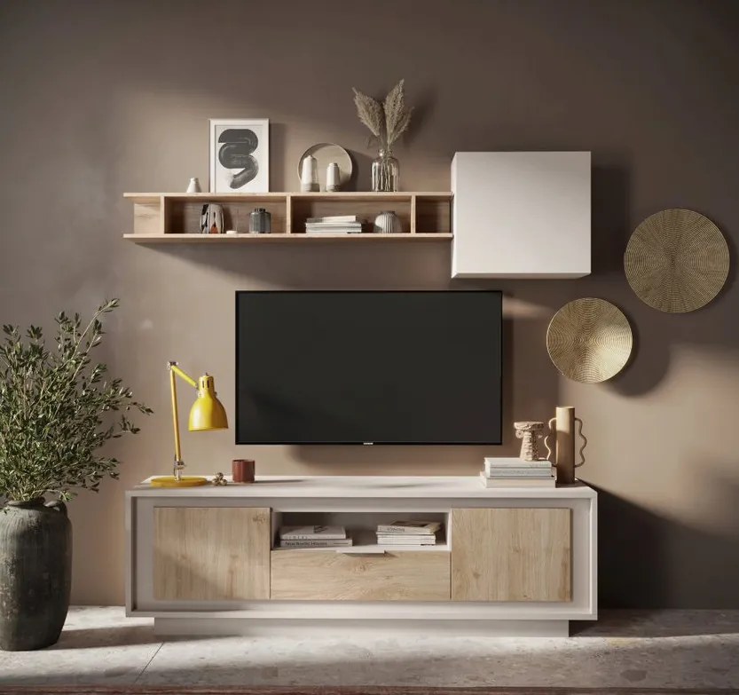 SKY 2.0 TV-szekrény 2 ajtóval és 1 fiókkal, kasmír színű laminált vázzal, Cadiz tölgy mintázatú előlapokkal