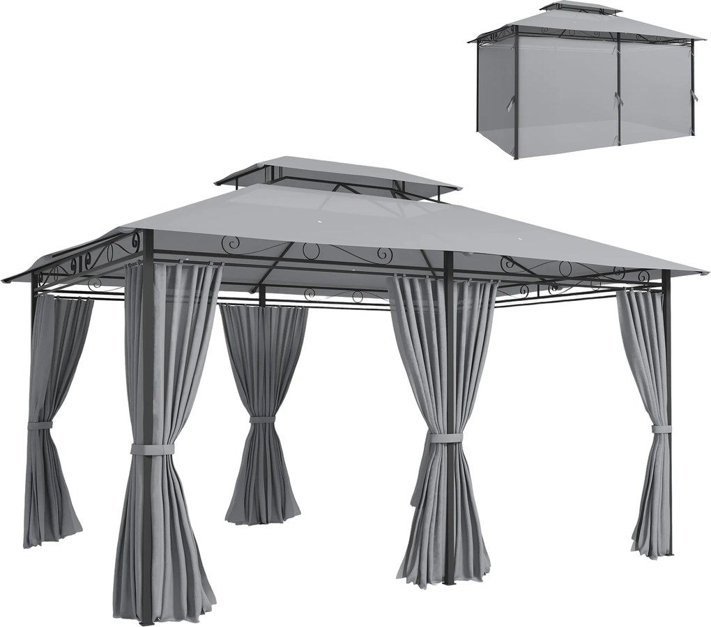 Outsunny kerti pavilon 4 x 3 m — vízlepergető, masszív fémváz, dupla tető és 6 oldalfallal, sötétszürke | Aosom