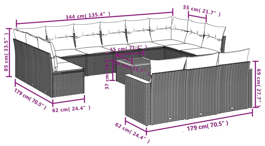 14 részes szürke polyrattan kerti ülőgarnitúra párnákkal