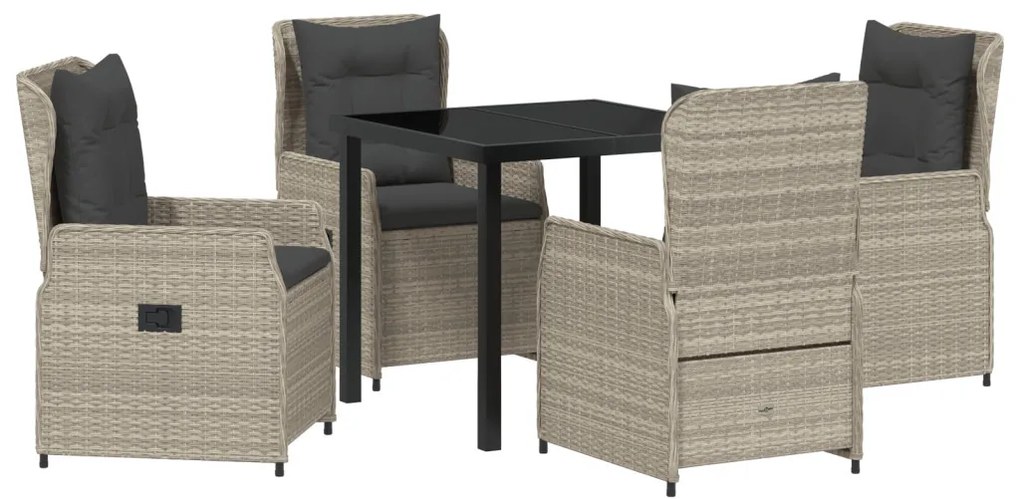 5 darabos kert étkezőszett világosszürke poli rattan, kert asztal fekete 80x80x73 cm edzett üveg