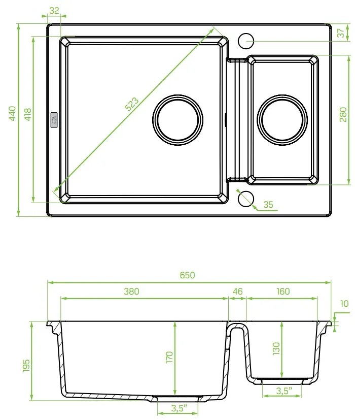 Laveo Celia, 1,5 kamrás gránit mosogató 650x440x195 mm, szürke, LAV-SBC_530T