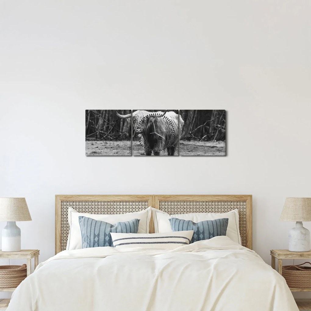 Kép - Skót tehén 3, fekete-fehér (órával) (90x30 cm)