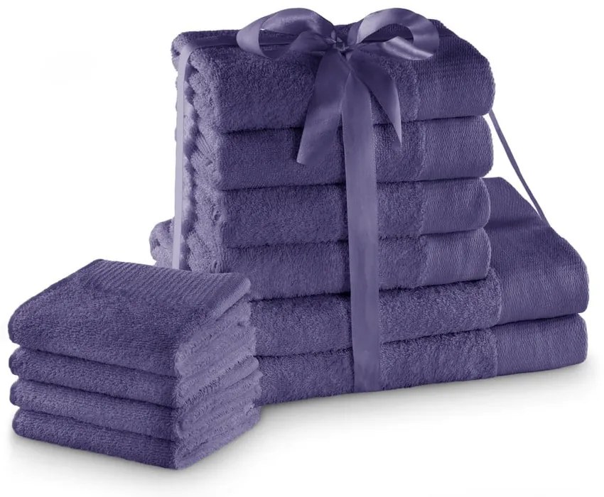 Lila frottír pamut törölköző és fürdőlepedő készlet 10 db-os Amari – Restilo