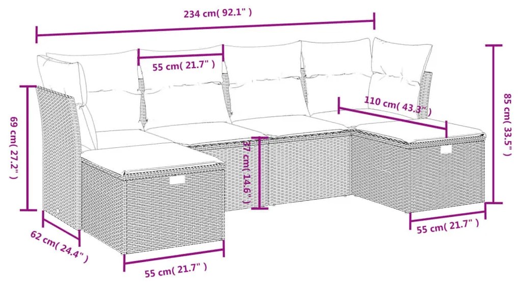 6 részes szürke polyrattan kerti ülőgarnitúra párnákkal