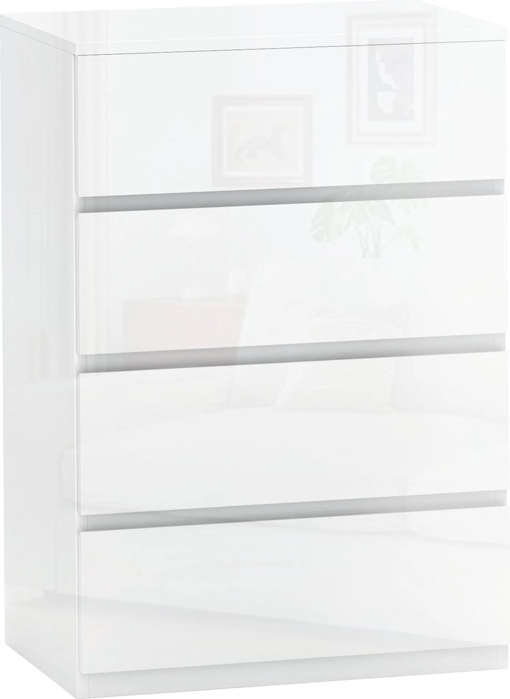 HOMCOM 4-Fiókos Fiókos Szekrény Modern Hálószobához Antilehúzó Tervezéssel Nappaliba, Előszobába 55x33x80 cm Fényes Fehér | Aosom