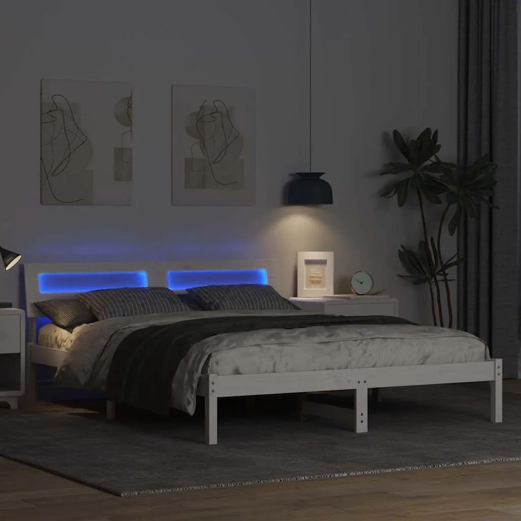 Ágykeret LED -es lámpákkal Fehér 160 x 200 cm Tömör fenyőfa