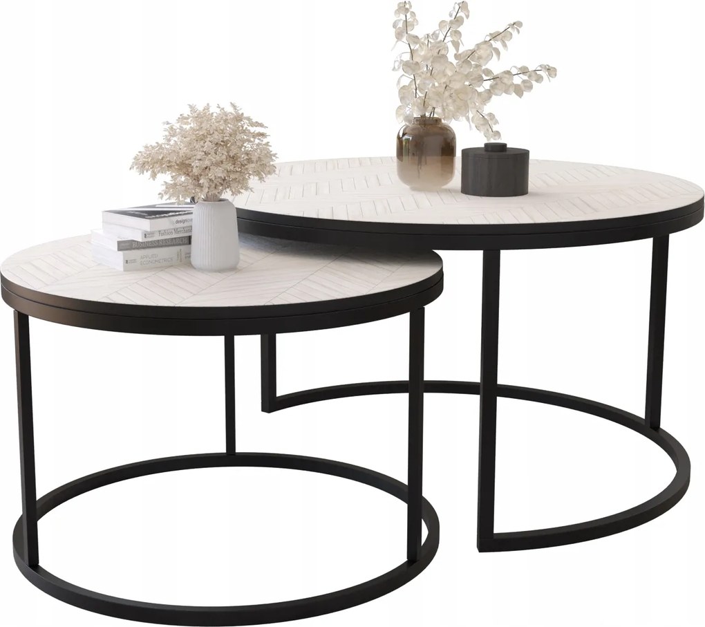 2 db-os Dohányzóasztal szett Kerek Loft Ipari Fehér Fekete Halszálka