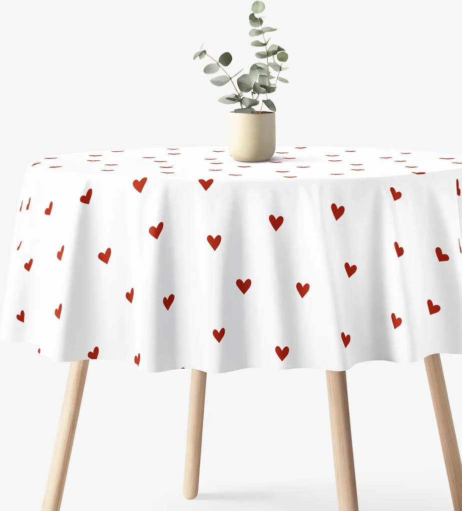 Goldea kör alakú pamut terítő - piros szívecskék, fehér alapon Ø 130 cm