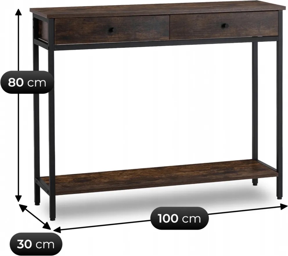 Fiókos előszobai konzol polccal rusztikus tölgy/fekete színben, 100 cm, EVERLY