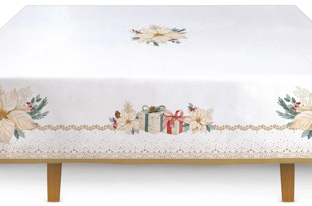 Karácsonyi mikulásvirág mintás Asztalterítő 145x180 cm pamut White Elegance