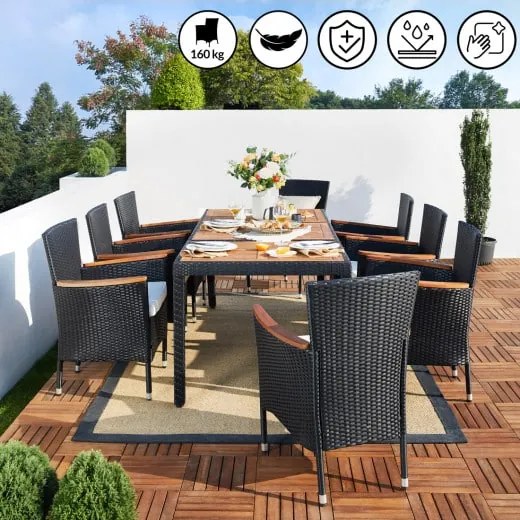 Casaria® Kerti rattan szett Berlin premium 1+8 - fekete/fa