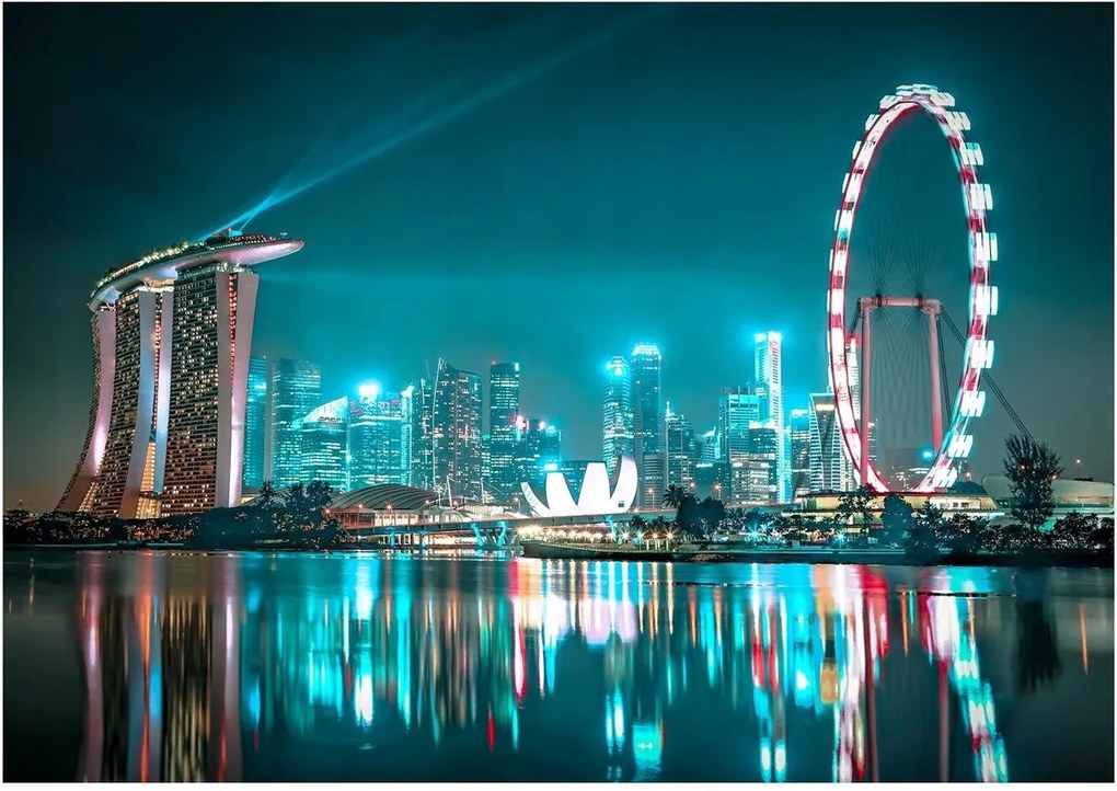 Fotótapéta város éjszaka folyó felhőkarcolók fotótapéta