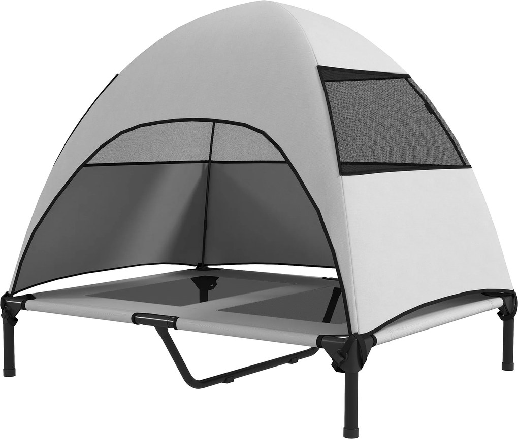 PawHut Kültéri Kutyaágy Napernyővel, Emelt Ágy Közepes és Nagy Kutyáknak, Hűtő Pet Lounge Mosható Hálós Fém Kerettel és Táskával, Kültéri Kutyafekhely