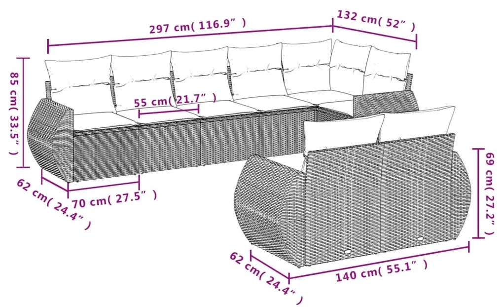 8 részes fekete polyrattan kerti ülőgarnitúra párnákkal