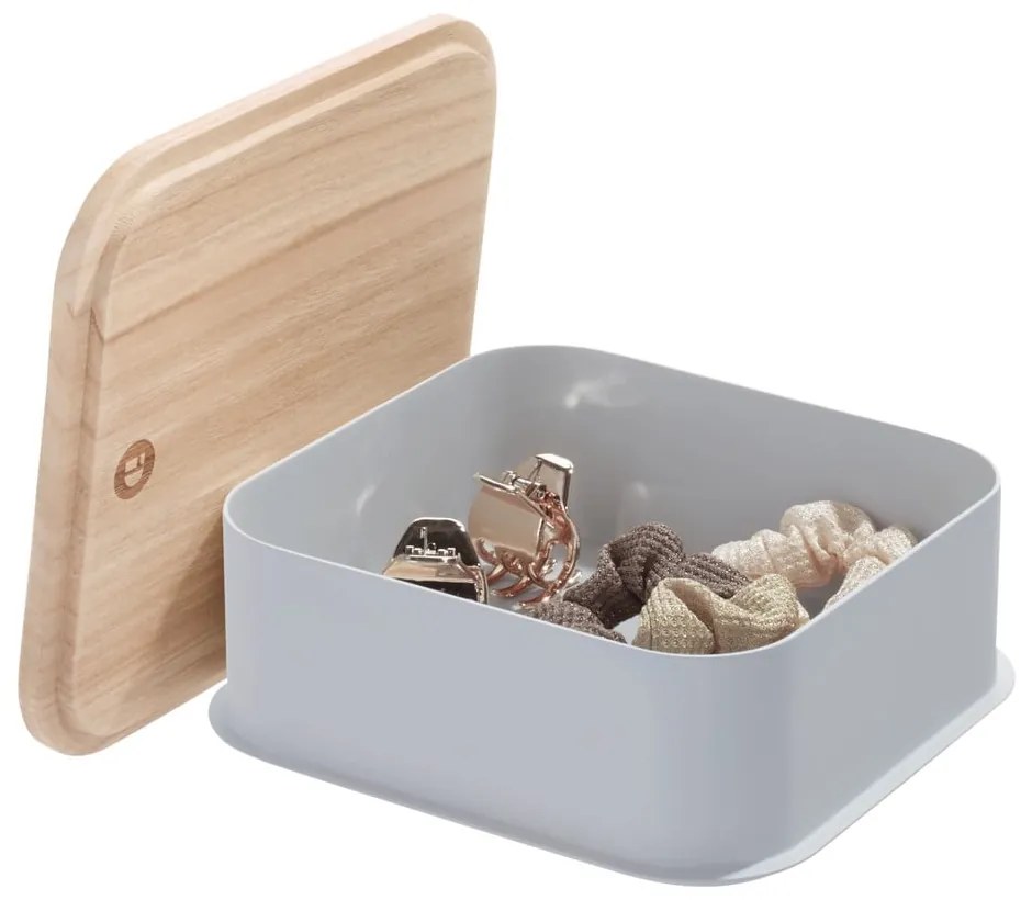Eco szürke tárolódoboz paulownia fa fedéllel, 21,3 x 21,3 cm - iDesign