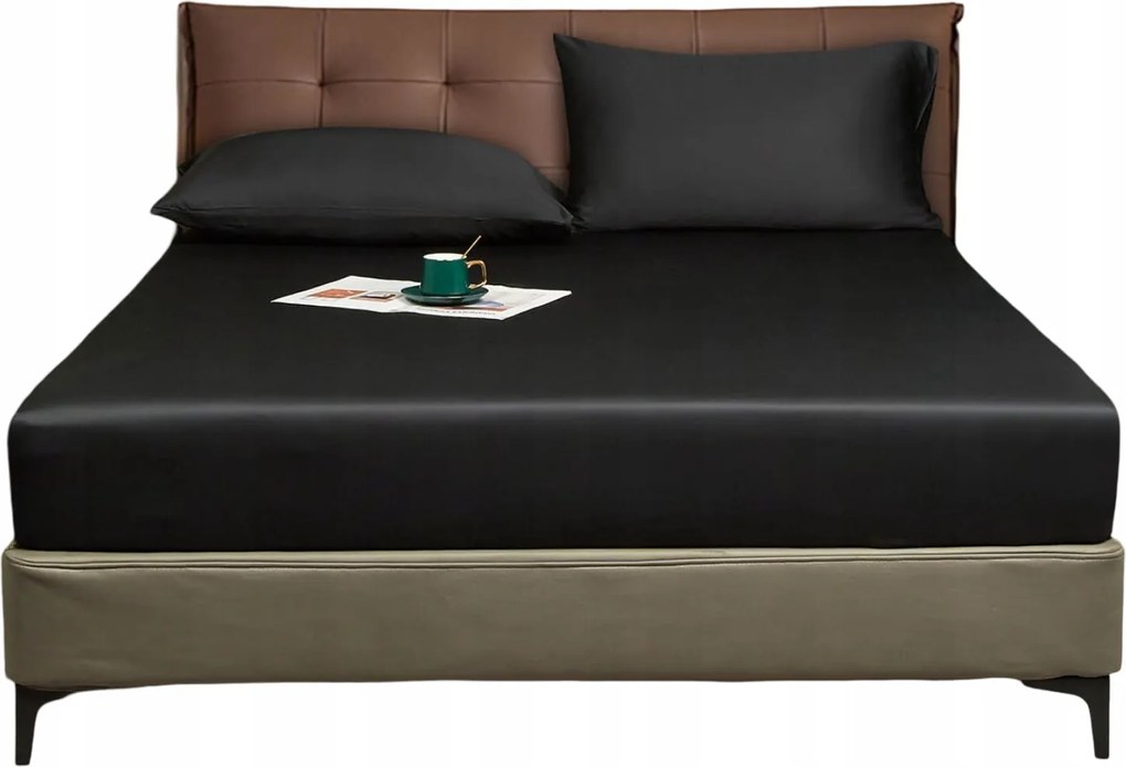 Luofanfei Szatén lepedő gumis 160x200 cm Sima Fekete 25-30 cm