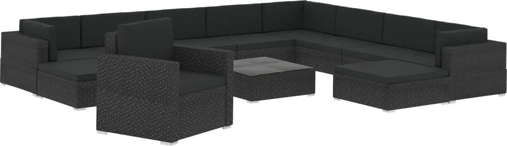vidaXL 12 részes fekete polyrattan kertibútor-garnitúra párnákkal