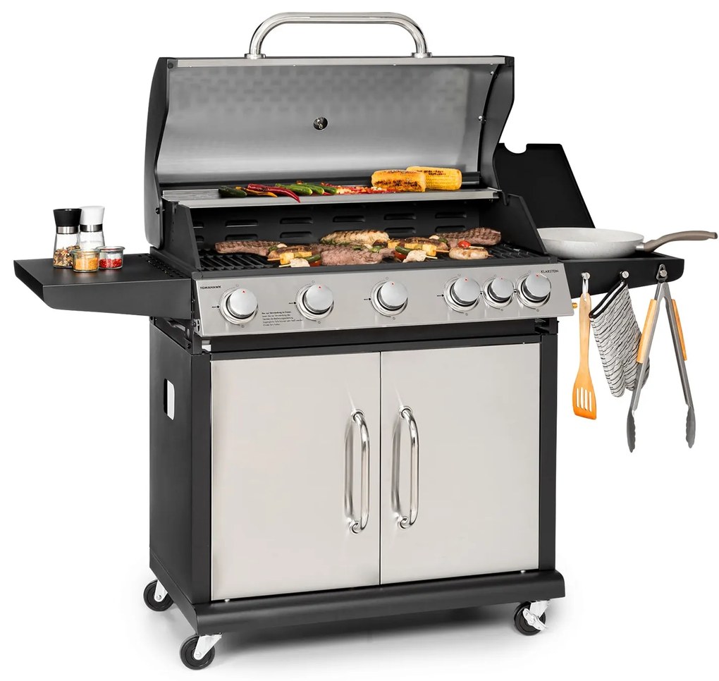 Tomahawk, gázgrill, 5 x 3,6 kW-os + 2,7 kW-os égő, 80 x 43,5 cm-es rozsdamentes acél grillsütő