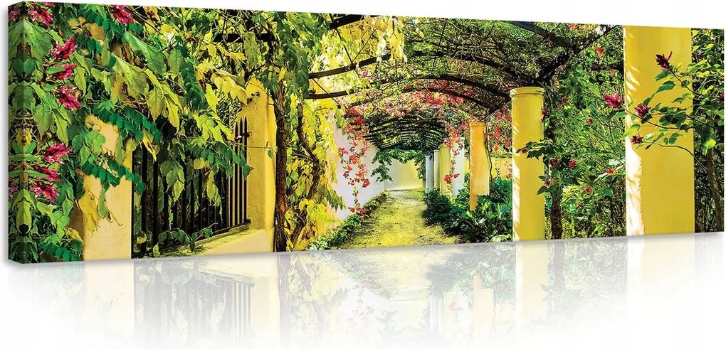 Vászonkép 145x45 Íves sugárút pergola zöld alagút napfény levelek